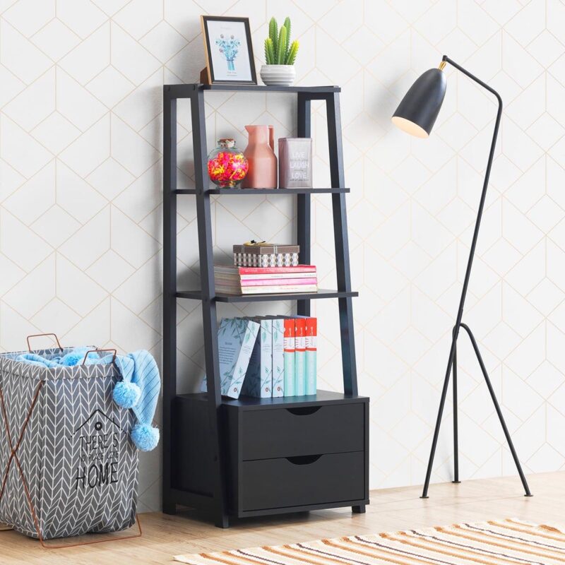Costway 4-Tier Ladder Shelf Bookshelf Bookcase Storage Display Leaning With 2 Drawers - Image 3