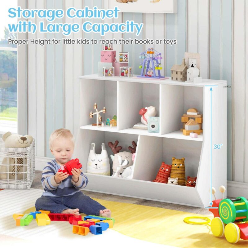 Costway 5-Cubby Kids Toy Storage Organizer Wooden Bookshelf Display Cabinet White - Image 6