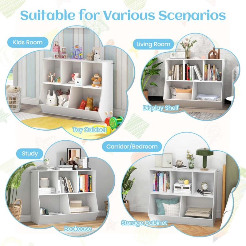 Costway 5-Cubby Kids Toy Storage Organizer Wooden Bookshelf Display Cabinet White - Image 10