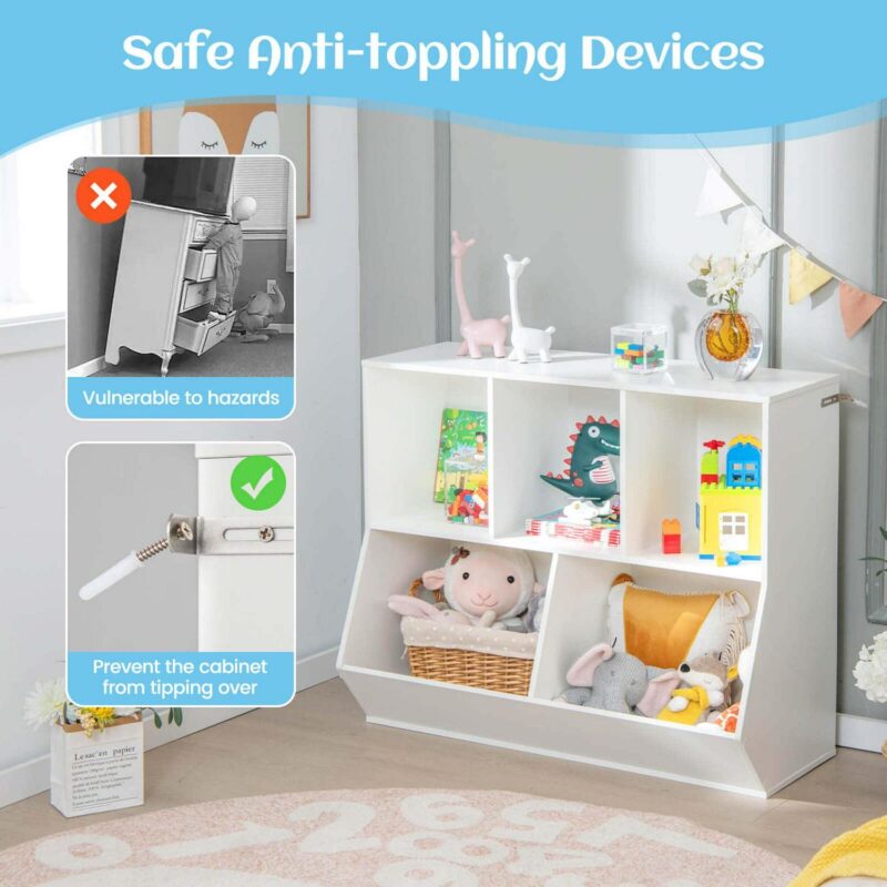 Costway 5-Cubby Kids Toy Storage Organizer Wooden Bookshelf Display Cabinet White - Image 9