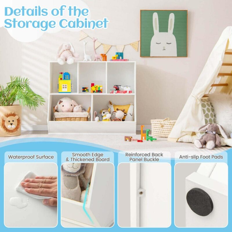 Costway 5-Cubby Kids Toy Storage Organizer Wooden Bookshelf Display Cabinet White - Image 7