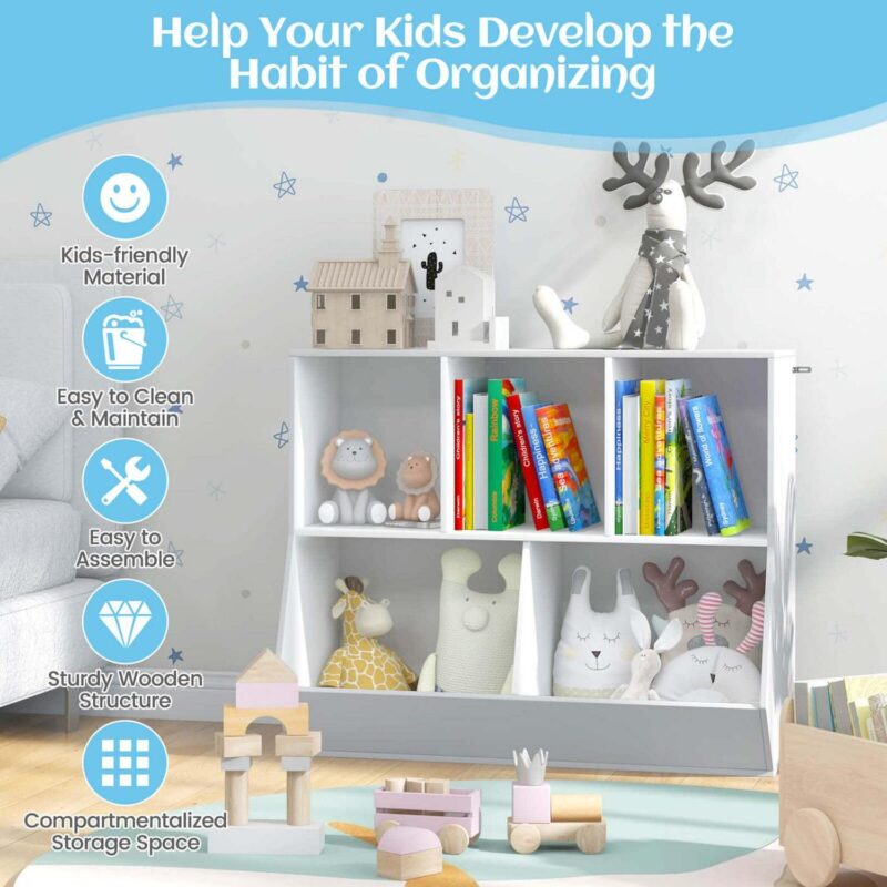 Costway 5-Cubby Kids Toy Storage Organizer Wooden Bookshelf Display Cabinet White - Image 5