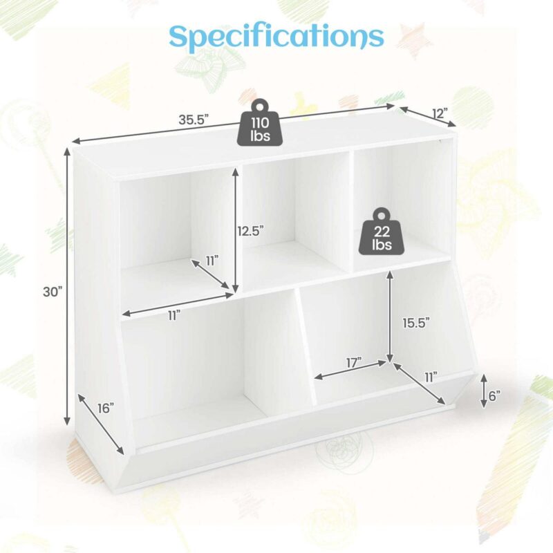 Costway 5-Cubby Kids Toy Storage Organizer Wooden Bookshelf Display Cabinet White - Image 3