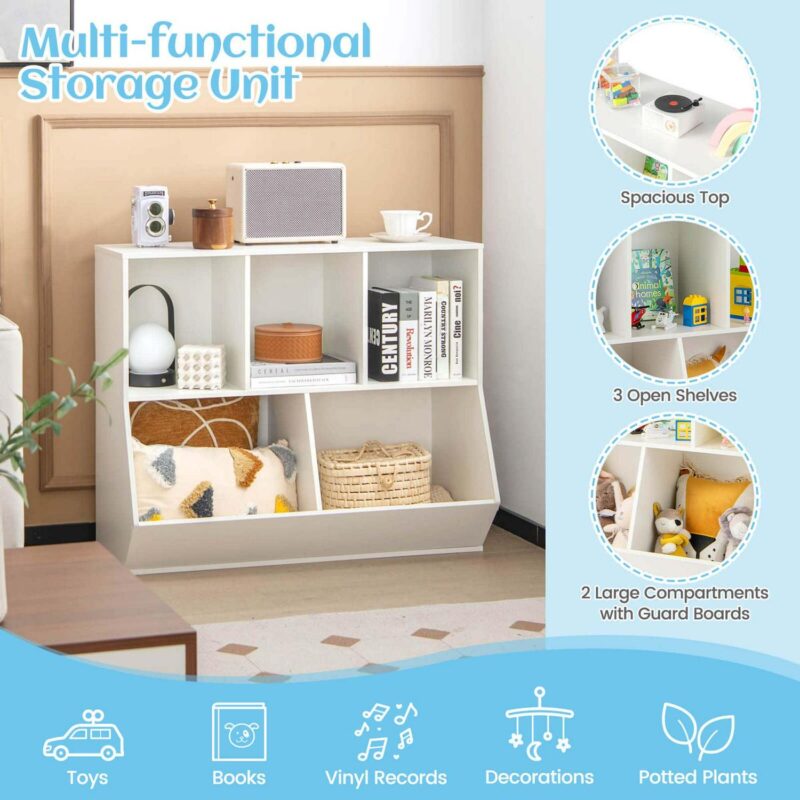 Costway 5-Cubby Kids Toy Storage Organizer Wooden Bookshelf Display Cabinet White - Image 8