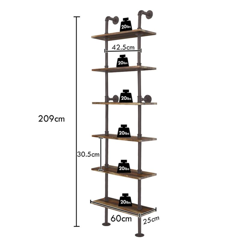 Costway 6-Shelf Rustic Pipe Shelving Unit, Vintage Industrial Pipe Wall Shelf Brown - Image 2