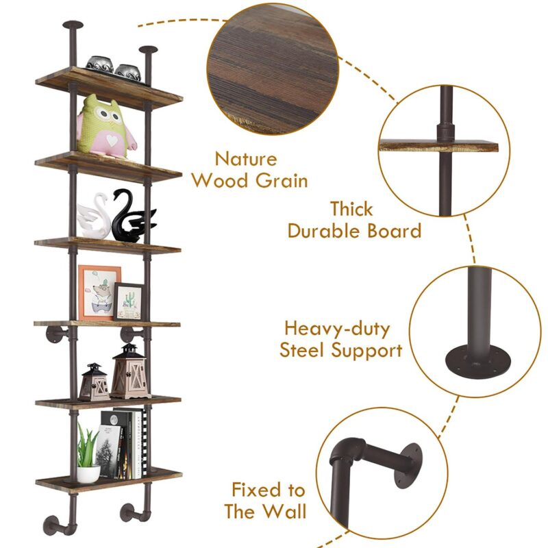 Costway 6-Shelf Rustic Pipe Shelving Unit, Vintage Industrial Pipe Wall Shelf Brown - Image 9