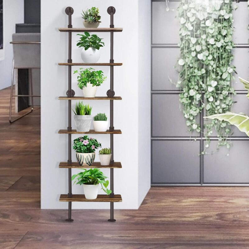 Costway 6-Shelf Rustic Pipe Shelving Unit, Vintage Industrial Pipe Wall Shelf Brown - Image 4