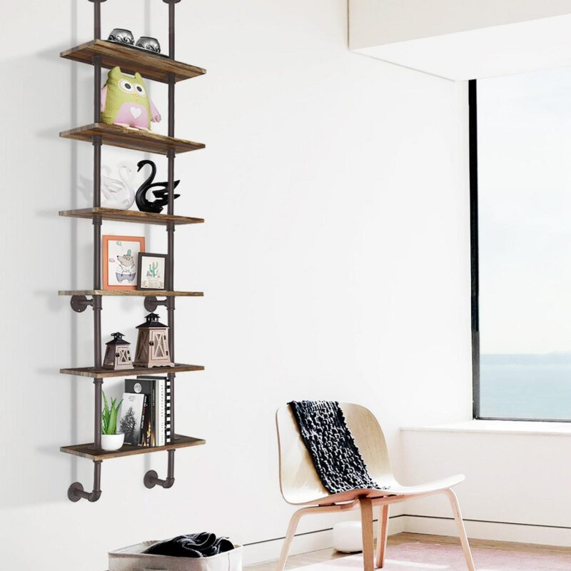 Costway 6-Shelf Rustic Pipe Shelving Unit, Vintage Industrial Pipe Wall Shelf Brown - Image 5