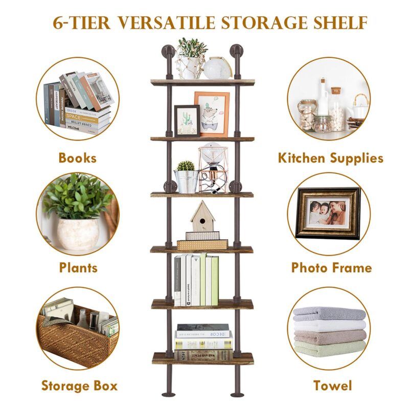 Costway 6-Shelf Rustic Pipe Shelving Unit, Vintage Industrial Pipe Wall Shelf Brown - Image 7