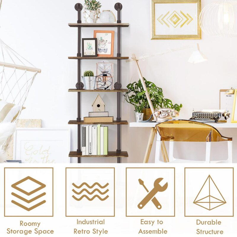 Costway 6-Shelf Rustic Pipe Shelving Unit, Vintage Industrial Pipe Wall Shelf Brown - Image 8