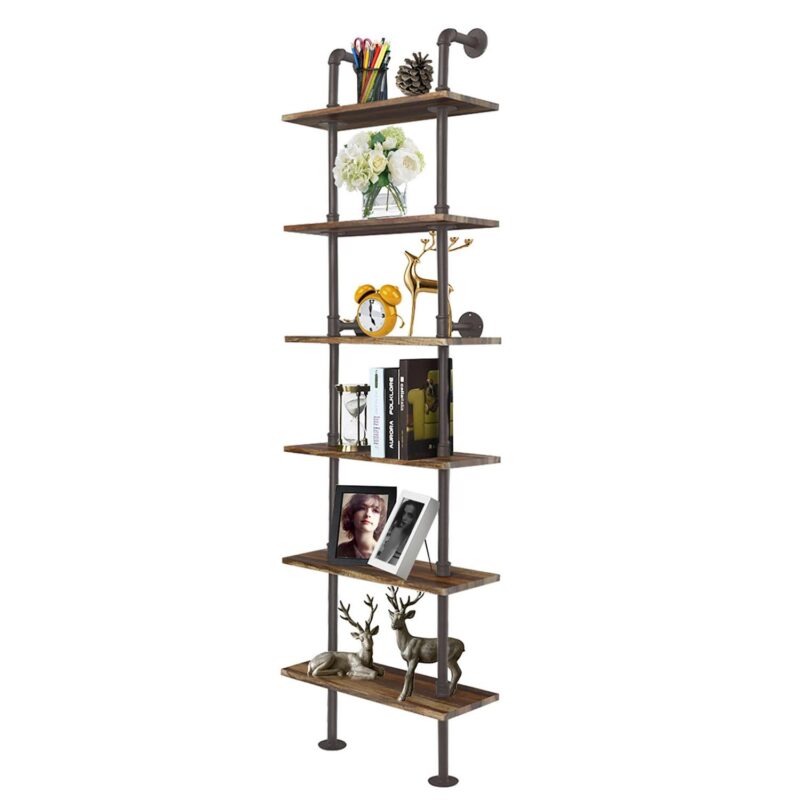 Costway 6-Shelf Rustic Pipe Shelving Unit, Vintage Industrial Pipe Wall Shelf Brown - Image 10