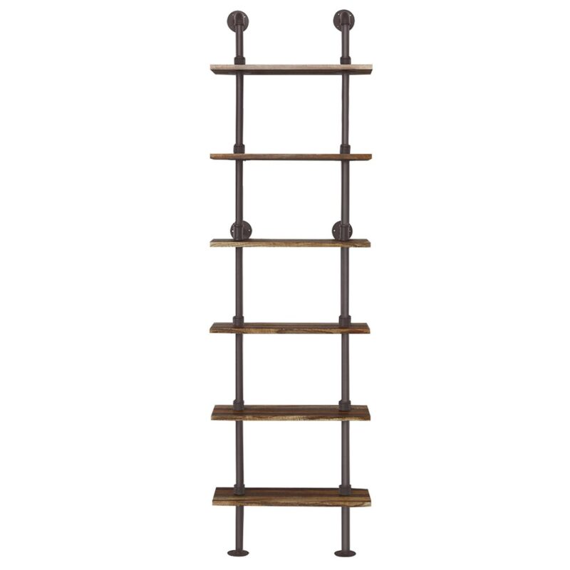 Costway 6-Shelf Rustic Pipe Shelving Unit, Vintage Industrial Pipe Wall Shelf Brown - Image 11