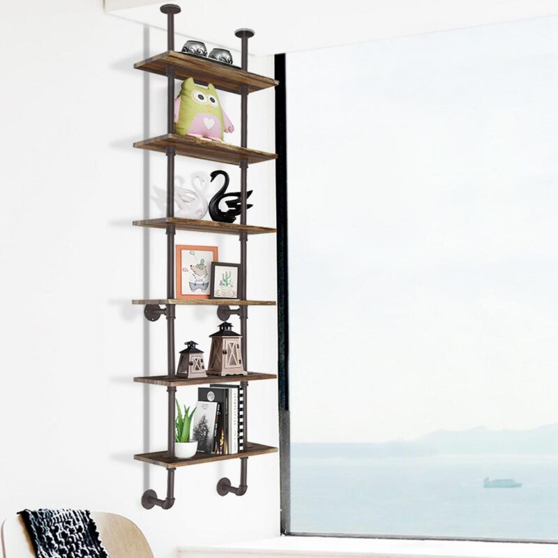 Costway 6-Shelf Rustic Pipe Shelving Unit, Vintage Industrial Pipe Wall Shelf Brown - Image 3