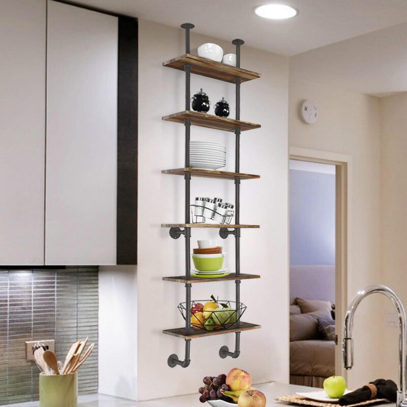 Costway 6-Shelf Rustic Pipe Shelving Unit, Vintage Industrial Pipe Wall Shelf Brown - Image 6