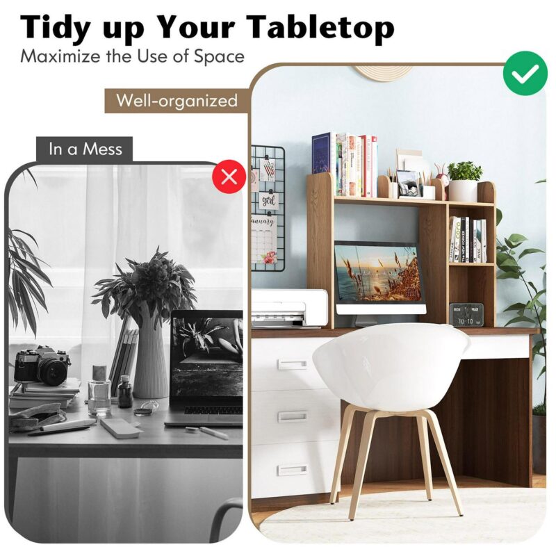 Costway Desk Bookshelf Desktop Storage Organizer Display Shelf Rack Dorm Office Natural - Image 8
