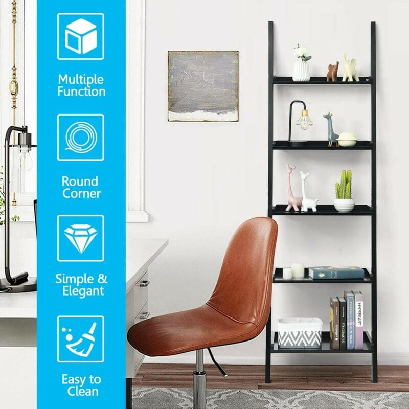Costway Ladder Shelf 5-Tier Plant Stand Wall-leaning Bookcase Display Rack Black - Image 6
