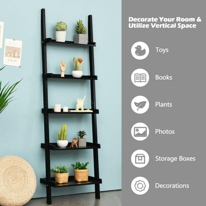 Costway Ladder Shelf 5-Tier Plant Stand Wall-leaning Bookcase Display Rack Black - Image 4