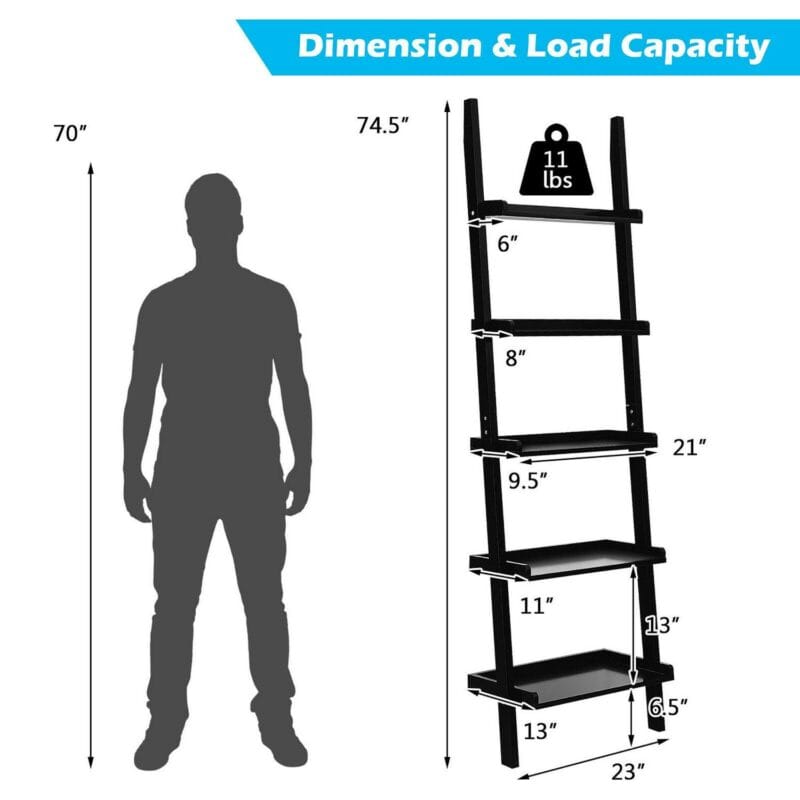 Costway Ladder Shelf 5-Tier Plant Stand Wall-leaning Bookcase Display Rack Black - Image 2