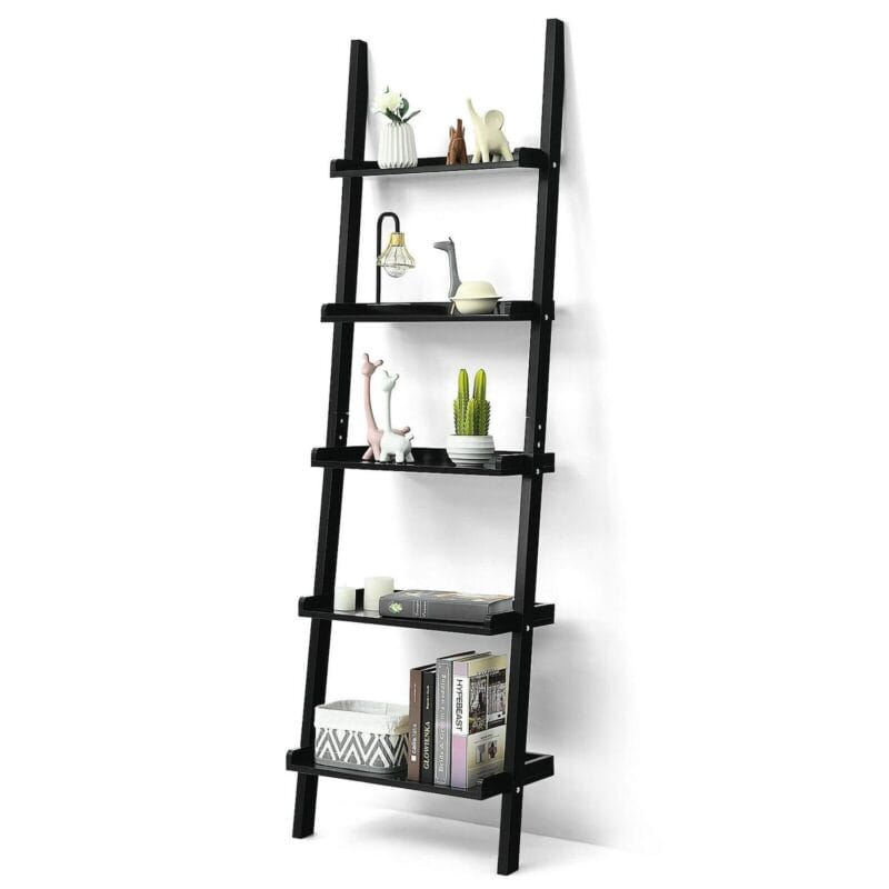 Costway Ladder Shelf 5-Tier Plant Stand Wall-leaning Bookcase Display Rack Black
