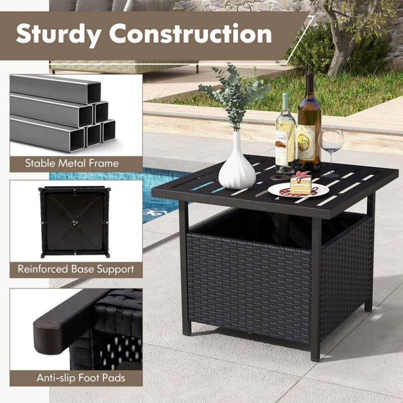 Costway Rattan Wicker Steel Side Table Outdoor Furniture Deck Garden Patio Pool Black - Image 9
