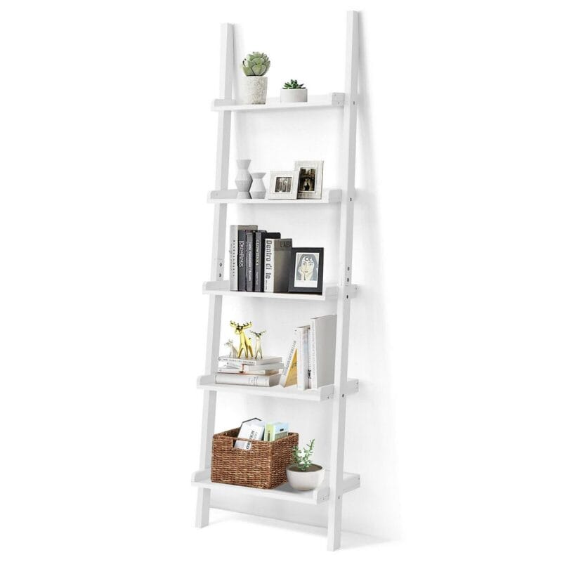 Costway Versatile White 5-Tier Bookshelf Leaning Wall Shelf Ladder Bookcase Storage Display Furni