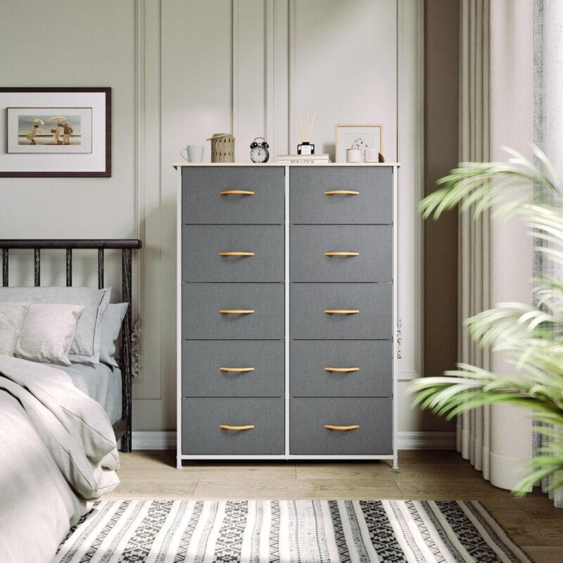 DWVO 10 Drawer Dresser Chest of Storage Dresser Tall Fabric Dresser Storage Cabinet Bin Nightstand Cabinet, Gray