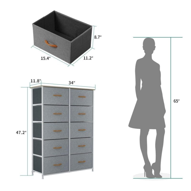 DWVO 10 Drawer Dresser Chest of Storage Dresser Tall Fabric Dresser Storage Cabinet Bin Nightstand Cabinet, Gray - Image 10