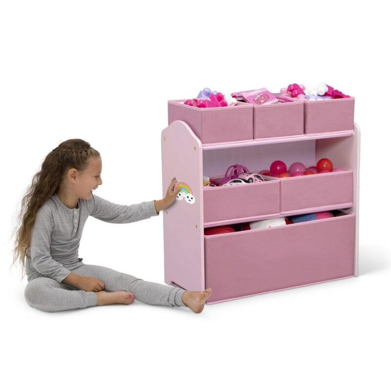 Delta Children 4-Piece Toddler Playroom Set a Includes Play Table, 2 Chairs and 6 Bin Toy Organizer with Reusable Vinyl Cling Stickers, Light Pink/Dark Pink - Image 8