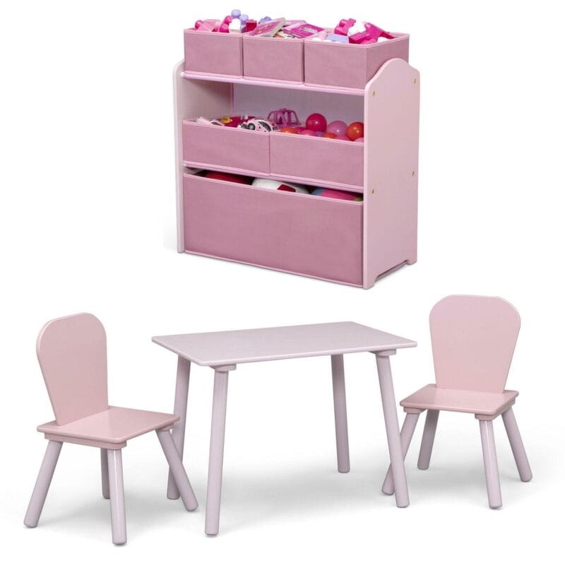 Delta Children 4-Piece Toddler Playroom Set a Includes Play Table, 2 Chairs and 6 Bin Toy Organizer with Reusable Vinyl Cling Stickers, Light Pink/Dark Pink