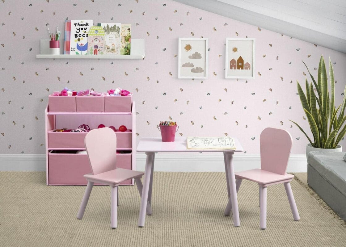 Delta Children 4-Piece Toddler Playroom Set a Includes Play Table, 2 Chairs and 6 Bin Toy Organizer with Reusable Vinyl Cling Stickers, Light Pink/Dark Pink - Image 2