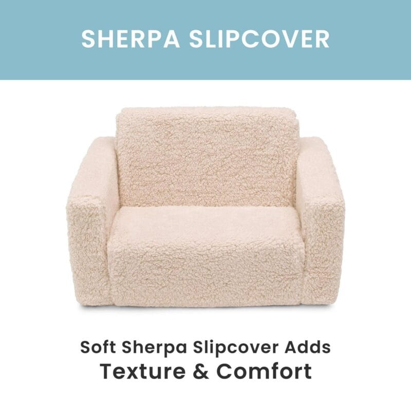 Delta Children Cozee Flip-Out Sherpa 2-in-1 Convertible Chair to Lounger for Kids, Cream - Image 3