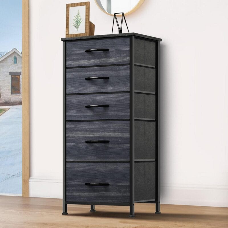 Dextrus 5 Drawer Dresser, Drawers for Clothing, Tall Dresser Drawer Chest, Dresser Organizer for Bedroom, Living Room and Closets - Sturdy Steel Frame, Wooden Top and Easy Pull Fabric Bins