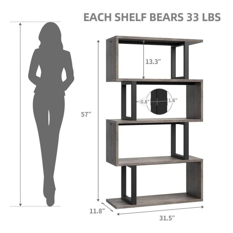 Dextrus 5 Tier Bookcase, S shape Geometric Bookshelf Wood Z-Shelf Modern Free Standing Bookshelf Storage Organizer for Living Room Bedroom Home Office, Gray Wash - Image 7