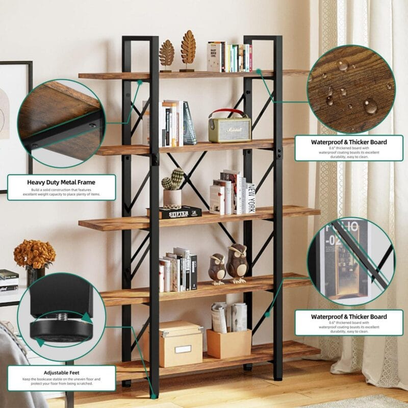 Dextrus 5-Tier Bookcase, Modern Bookshelf Storage Organizer, Free Standing Display Shelf with Metal Frame for Home Office, Office Room, Brown - Image 12
