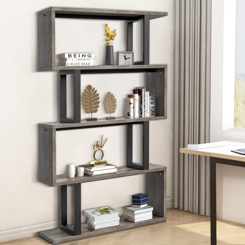 Dextrus 5 Tier Bookcase, S shape Geometric Bookshelf Wood Z-Shelf Modern Free Standing Bookshelf Storage Organizer for Living Room Bedroom Home Office, Gray Wash