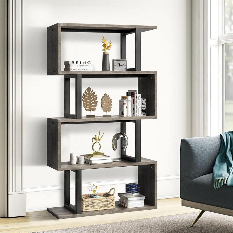 Dextrus 5 Tier Bookcase, S shape Geometric Bookshelf Wood Z-Shelf Modern Free Standing Bookshelf Storage Organizer for Living Room Bedroom Home Office, Gray Wash - Image 2