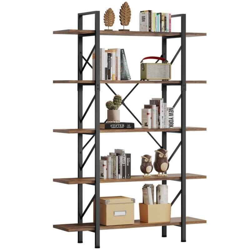 Dextrus 5-Tier Bookcase, Modern Bookshelf Storage Organizer, Free Standing Display Shelf with Metal Frame for Home Office, Office Room, Brown - Image 7