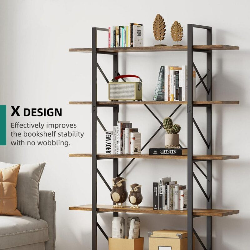 Dextrus 5-Tier Bookcase, Modern Bookshelf Storage Organizer, Free Standing Display Shelf with Metal Frame for Home Office, Office Room, Brown - Image 8