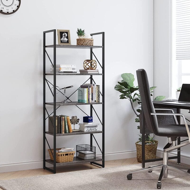 Dextrus 5-Tier Bookcase Storage Shelves, 65 in Ladder Bookshelf, Industrial Furniture for Bedroom Living Room Office, Charcoal Gray &Black - Image 2
