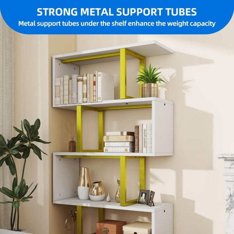 Dextrus 5 Tier Bookcase, S shape Geometric Bookshelf Wood Z-Shelf Modern Free Standing Bookshelf Storage Organizer for Living Room Bedroom Home Office, Gold - Image 5