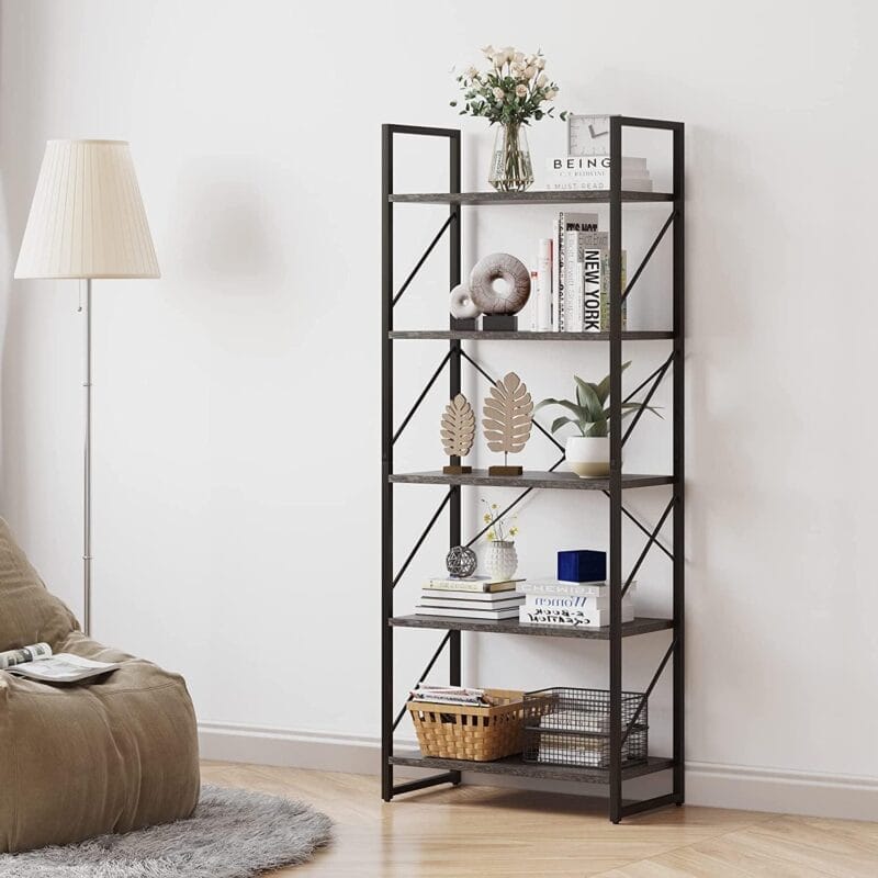 Dextrus 5-Tier Bookcase Storage Shelves, 65 in Ladder Bookshelf, Industrial Furniture for Bedroom Living Room Office, Charcoal Gray &Black - Image 3