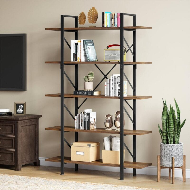 Dextrus 5-Tier Bookcase, Modern Bookshelf Storage Organizer, Free Standing Display Shelf with Metal Frame for Home Office, Office Room, Brown - Image 10