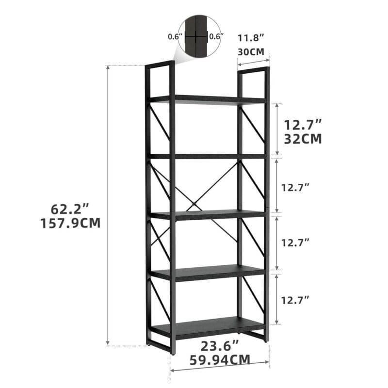 Dextrus 5-Tier Bookshelf, Ladder Bookcase, Industrial Freestanding Book Shelf Modern Open Display Storage Organizer Book Shelves for Bedroom, Living Room and Home Office, Black - Image 5