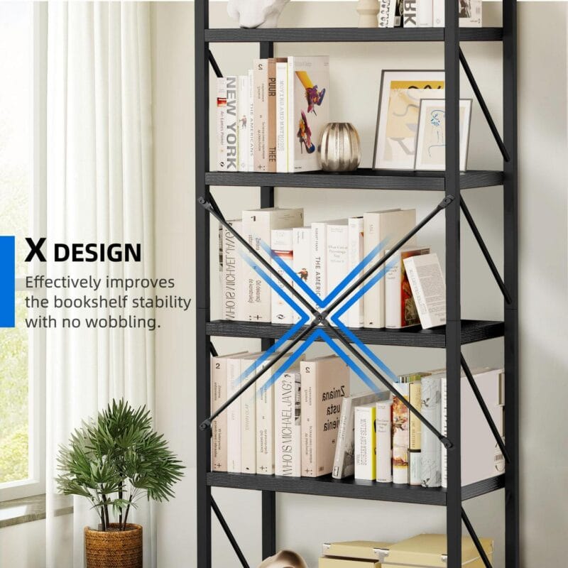 Dextrus 5-Tier Bookshelf, Ladder Bookcase, Industrial Freestanding Book Shelf Modern Open Display Storage Organizer Book Shelves for Bedroom, Living Room and Home Office, Black - Image 3