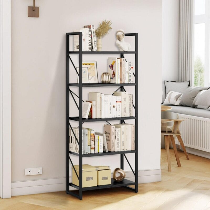 Dextrus 5-Tier Bookshelf, Ladder Bookcase, Industrial Freestanding Book Shelf Modern Open Display Storage Organizer Book Shelves for Bedroom, Living Room and Home Office, Black