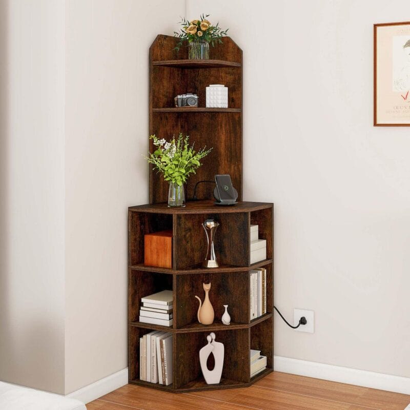 Dextrus 5-Tier Corner Shelf with USB Ports and Outlets, Corner Bookshelf Bookcase Display Shelves Rack Storage Corner Bar Cabinet for Living Room, Home Office, Kitchen, Brown - Image 2