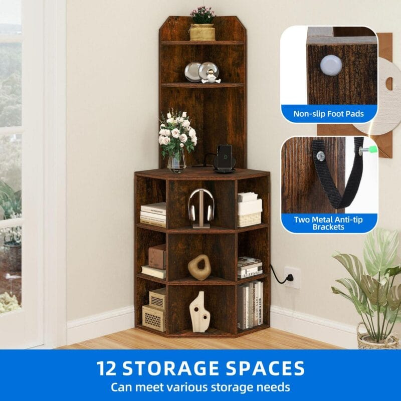 Dextrus 5-Tier Corner Shelf with USB Ports and Outlets, Corner Bookshelf Bookcase Display Shelves Rack Storage Corner Bar Cabinet for Living Room, Home Office, Kitchen, Brown - Image 5