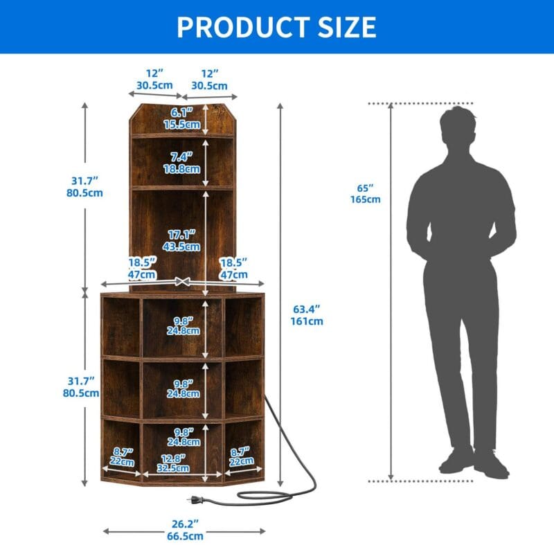 Dextrus 5-Tier Corner Shelf with USB Ports and Outlets, Corner Bookshelf Bookcase Display Shelves Rack Storage Corner Bar Cabinet for Living Room, Home Office, Kitchen, Brown - Image 4