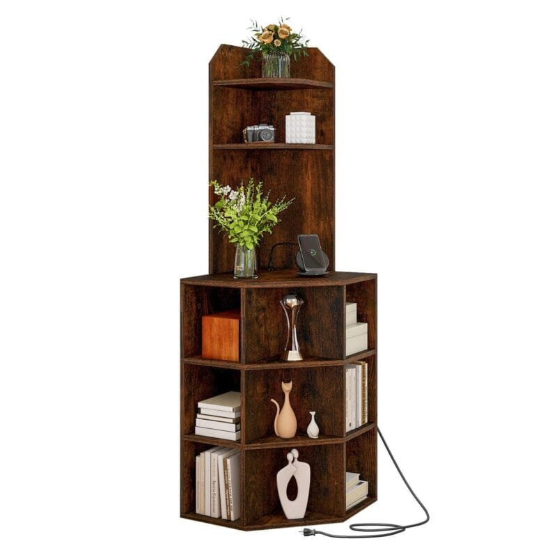 Dextrus 5-Tier Corner Shelf with USB Ports and Outlets, Corner Bookshelf Bookcase Display Shelves Rack Storage Corner Bar Cabinet for Living Room, Home Office, Kitchen, Brown - Image 3