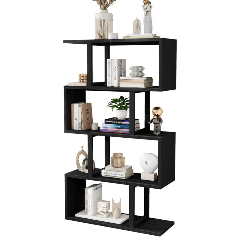 Dextrus 5-Tier S-Shaped Bookshelf, Geometric Bookcase Wooden Z-Shelf Storage Modern Open Shelving, Freestanding Display Bookshelf for Living Room Home Office, Black - Image 3